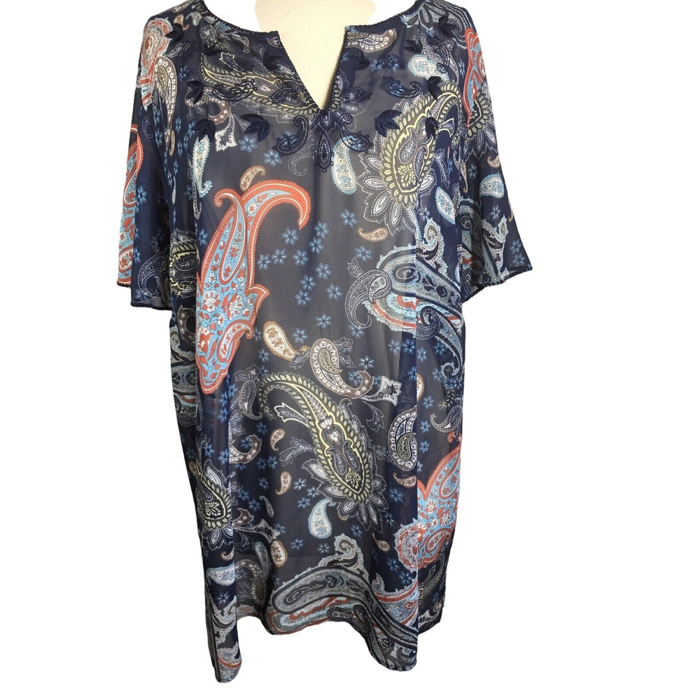 Style & Co. Paisley 24W Flutter Sleeve Semi-Sheer Blouse Embroidered Neckline